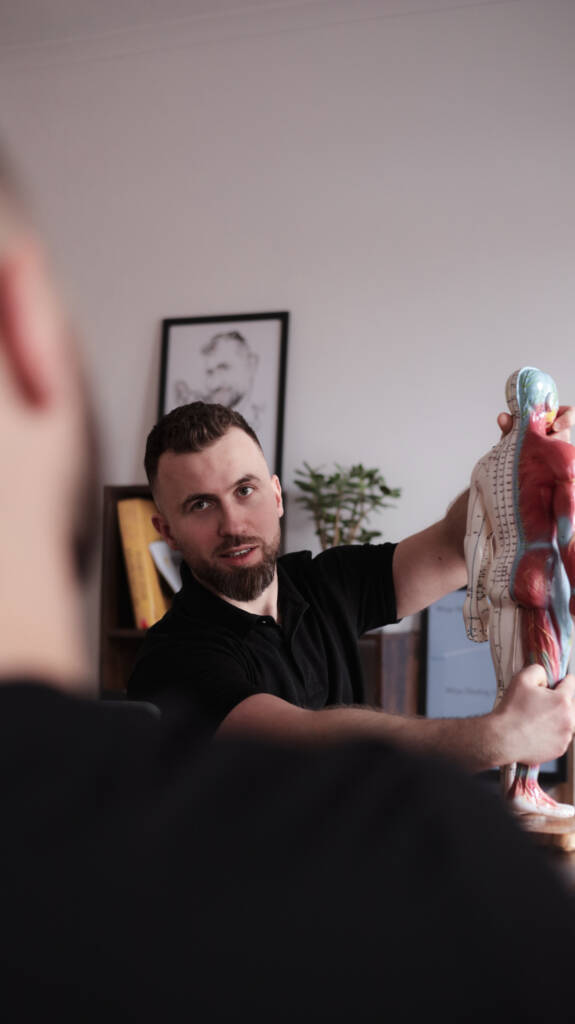Damian Cichocki prezentujący model anatomiczny podczas szkolenia z akupunktury